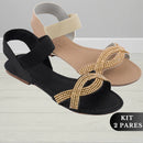 Sandália Feminina Rasteirinha Rasteira Feminina Kit 2 Pares Confortável Brilho Elástico Calcanhar Dia a Dia